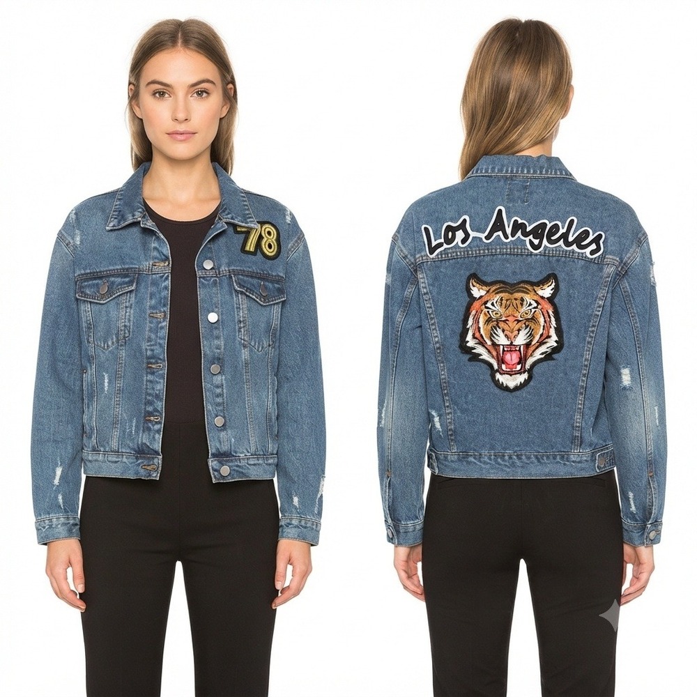 Boom Boom Jeans Los Angeles Jacket Womans Medium Tiger Patch Denim Wash